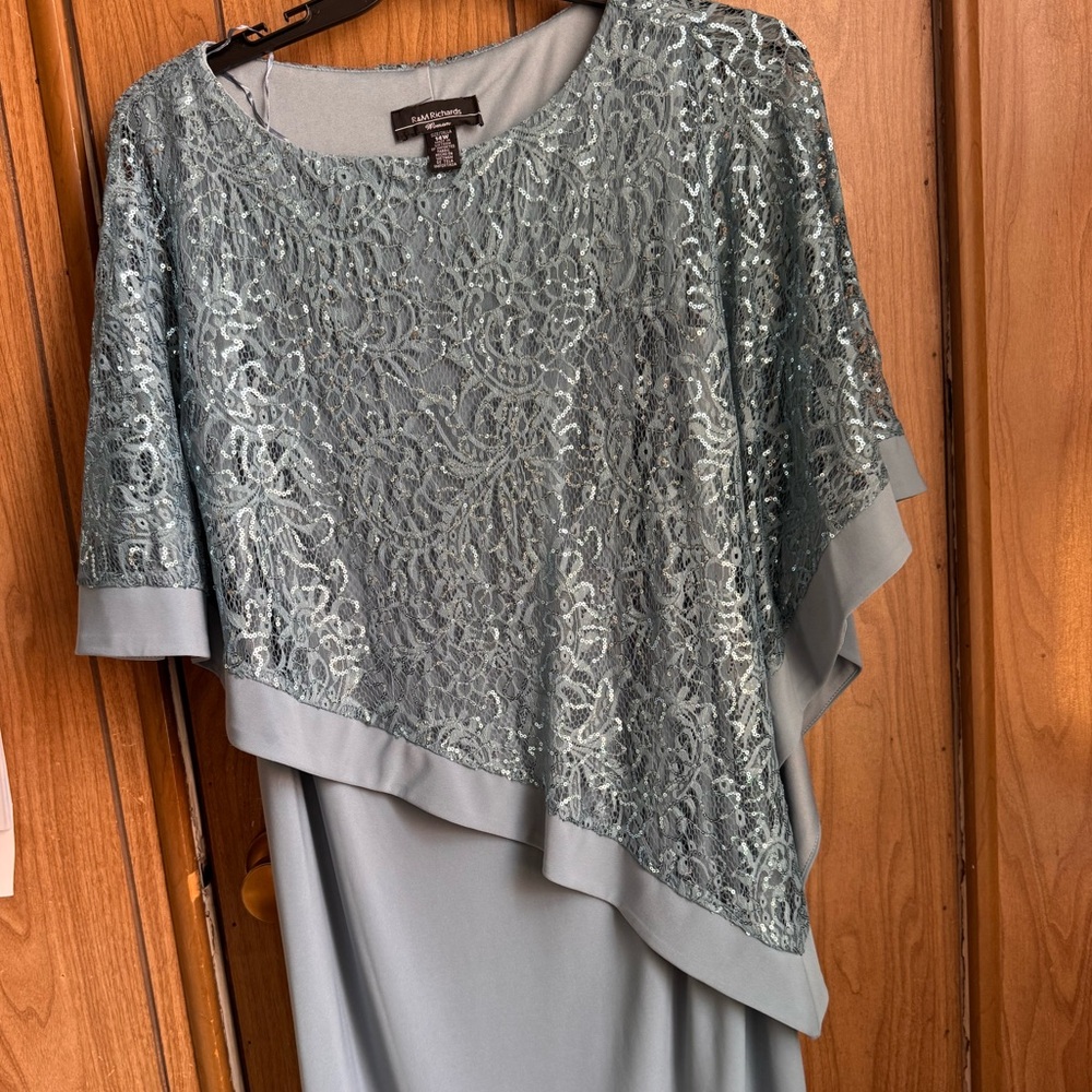 R&M Richards Slate Blue Asymmetrical Lace-Overlay Dress